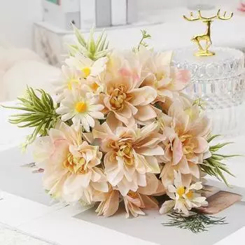 Имитация букета цветов 5 вилок Цветочные листья Искусственный букет Реалистичные шелковые цветы Внутреннее и наружное украшение белый