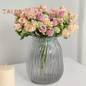 Имитация цветочного букета, неувядающий декоративный цветок из искусственного шелка, привлекательный 15 головок, домашний декор для спальни, искусственный букет роз шампанского