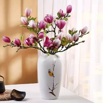 Имитация декоративного букета из 4 головок магнолии, реалистичные цветочные бутоны, ландшафтная ваза, декор для гостиной, флористика зелёный