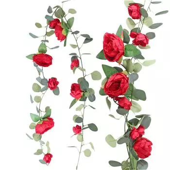 Имитация Денежный лист Эвкалипт Венок Шелковый пион Роза Длинный ротанг Свадебный арочный стол Стена Фон Украшение красный