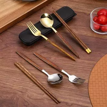 Имитация древесины, ложка из нержавеющей стали, вилка, палочки для еды, удобная посуда, куриные крылышки, деревянные палочки для еды, ручка, портативный набор из трех предметов Portugal серебряный