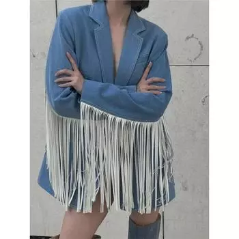Имитация джинсовой куртки с кисточками, женская отложной воротник, одна пуговица, элегантный свободный повседневный пиджак, новая мода осень S синий