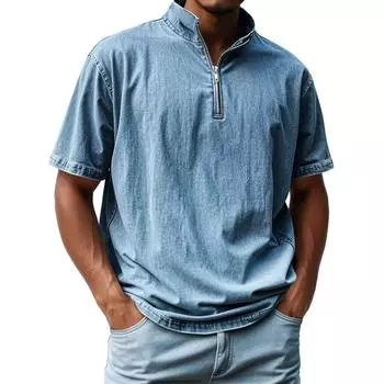 Имитация джинсовой ткани с короткими рукавами и воротником-стойкой на молнии. Мужские футболки в стиле ретро. Модные футболки. Топы для мужчин. L чёрный