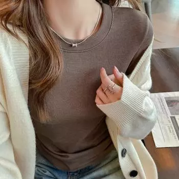 Имитация кашемира с круглым вырезом и нижним слоем, женская футболка высокого качества, которую можно носить поверх футболки с длинными рукавами, осенне-зимний топ с начесом S (suitable for 70-47.5 kg wear) чёрный