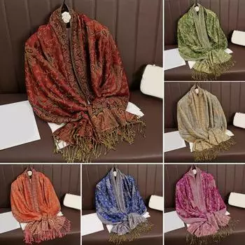 Имитация кашемира Женский шарф Ретро Литературный стиль Шаль Кешью Жаккардовый Узор Кисточка Отделка Декоративная 5