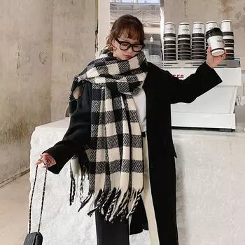 Имитация кашемира, женский винтажный клетчатый шарф с кисточками, зимняя теплая шаль, длинная накидка, удобное повседневное вязаное женское толстое одеяло One Size чёрный