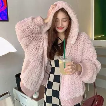 Имитация кроличьей шерсти, овечьей шерсти, плюшевый искусственный мех, зимнее пальто, женский утолщенный хлопок, модный абрикосовый цвет. M 90-50 kg абрикосовый
