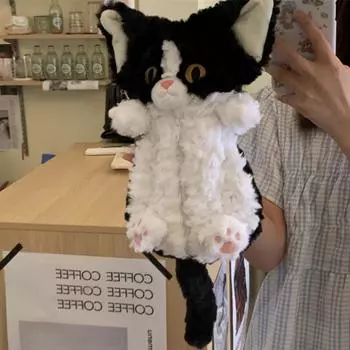 Имитация куклы кошки, сумка для канцелярских принадлежностей, плюшевая сумка для ручек кошки, симпатичная сумка для карандашей в виде куклы кошки, школьная сумка чёрный/белый
