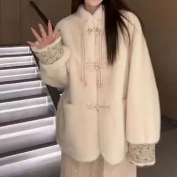 Имитация норки флис мех интегрированный мех куртка женская 2024 новый китайский пряжка экологически чистый меховой топ S абрикосовый