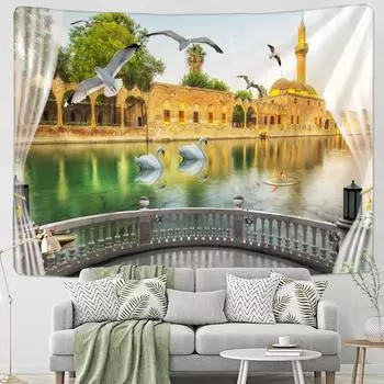 Имитация окна пейзаж гобелен настенный тропическое дерево приморский художественный богемный хиппи общежитие домашний декор 95x70cm