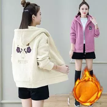 Имитация овечьего бархата Miss Thicken Keep Warm Hoodie Winter New Loose Female Upperwear Hooded Printed Add Velvet Женская куртка M красный/фиолетовый