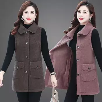 Имитация овечьей шерсти 2024 новый жилет свитер для женщин среднего и пожилого возраста жилет без рукавов куртка для мам среднего возраста M хаки