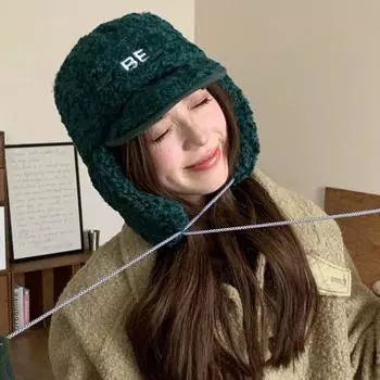 Имитация овечьей шерсти с вышитыми буквами шапка-бомбер зимняя корейская мода защита ушей ветрозащитная теплая летная шапка для женщин 56-58cm зелёный