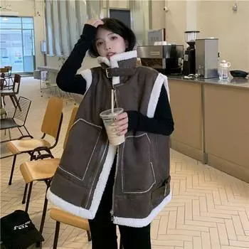 Имитация овечьей шерсти, утолщенный жилет для локомотива, куртка женская зимняя корейская версия 2024 года, воротник-стойка, сложенный в теплую хлопковую одежду M 80 to 55 kg хаки