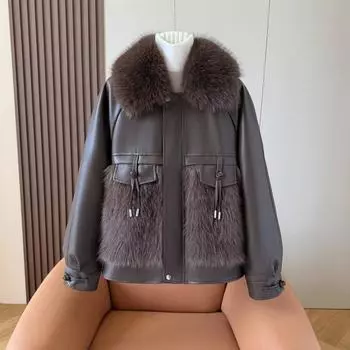 Имитация полиэстера Haining (полиэфирное волокно) кожаная куртка женская новая кожаная иностранная газовая меховая интегрированная шуба взрыв S90-105 (soft leather without cracking skin)