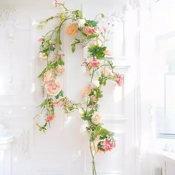 Имитация розы Лоза Искусственная лоза Кондиционер Труба Покрытие Потолок Гостиной Украшение Пластиковая Лоза Упаковочные Растения 1.8m кремовый