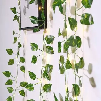 Имитация Scindapsus Aureus Leaves Ротанговая струнная лампа 2,2 м 25 ламповых бусин Медная проволока Постоянная 2.2m