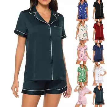 Имитация шелка, летняя домашняя однотонная пижама с лацканами и короткими рукавами L чёрный