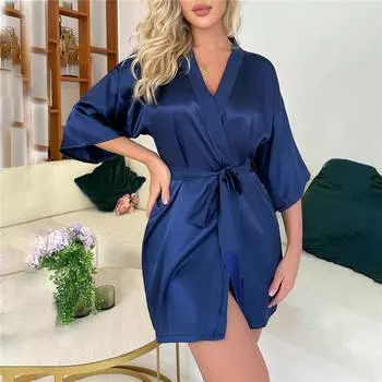 Имитация шелка, женские пижамы со средними рукавами, кардиган со шнуровкой и кисточками, халат, сексуальная домашняя одежда для отдыха S чёрный