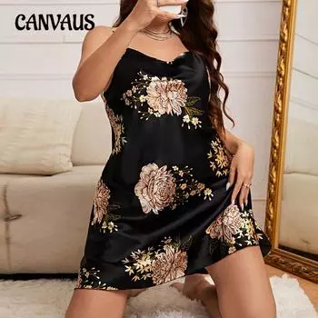 Имитация шелкового платья с бретельками на бретельках, летняя сексуальная ночная рубашка с принтом больших размеров, женская домашняя одежда, ночные рубашки из ледяного шелка 1XL чёрный