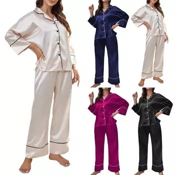 Имитация шелковой пижамы, женская осенняя и зимняя пижамная одежда с длинными рукавами, комплект L чёрный