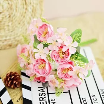 Имитация весеннего букета пионов, свадебный букет, имитация 7 головок пионовидной гортензии, украшение домашнего рабочего стола, искусственный цветок 32Cm розовый