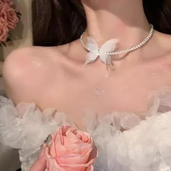 Имитация жемчуга бусины бабочка колье женское ожерелье на шею белый черный бабочка чокер ювелирные аксессуары чёрный