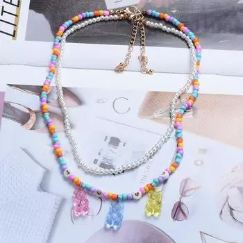 Имитация жемчуга темперамент двойная цепочка на шею женский милый мультяшный медведь ожерелье бисер мягкий керамика индивидуальный комплект ожерелья