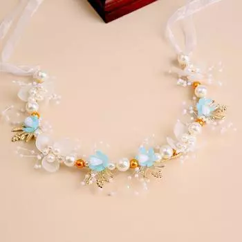 Imitated Pearl Bride Hair Jewelry Ribbon Wedding Headwear Temperament Flower Hair Hoop Girls синий