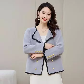 Imitation double-sided tweed crew neck jacket women s 2025 autumn new double-breasted fashion short cardigan thickened woolen top one size fits all