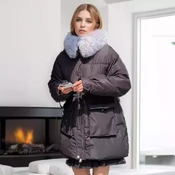 Imitation Fox Fur Collar Medium and Long Clothes Women s New Winter Thickened Waist Warm Jacket M