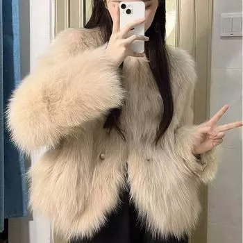 Искусственный мех лисы маленькое ароматное пальто женская одежда осень и зима маленький мужчина хлопок утолщенный короткий искусственный мех меховой топ S хаки