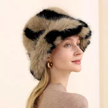 Шапка из искусственной норки женская с узором зебры, шляпа-ведро, зимняя теплая плюшевая шляпа для умывальника average size