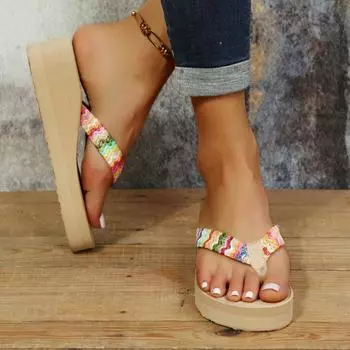 Imitation straw woven PP grass woven summer platform shoes Korean version simple and fashionable beach toes seaside flip-flops 36 разноцветный