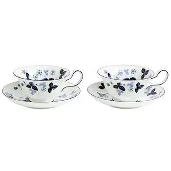 Импортная чайная чашка Wedgwood Strawberry Ink Blue с блюдцем 200 мл, парный набор, пион, свадебный подарок 1072185 [Обычный продукт] & белый