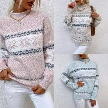 Импортная торговля рождественский трикотаж 2024 осень и зима новый полувысокий воротник снежинка свитер женский M розовый