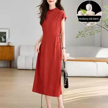 Improved Cheongsam 2025 New Arrival Summer Young Hangzhou High-End Temperament Silk Dress Mulberry Silk Skirt Orange Red M