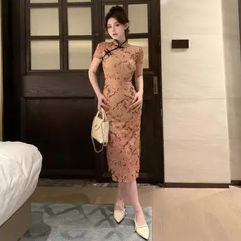 Improved cheongsam mesh printing slim-fitting split-ended dress S имбирный