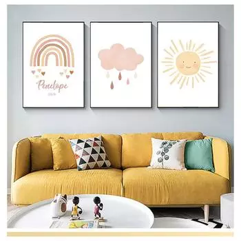 Имя Холст Плакат с рождением солнца Солнечная детская настенная живопись Плакат на скандинавскую тему Картина Декор для детской комнаты Солнце Облако Радуга Принт на заказ 21cm30cm NoFrame
