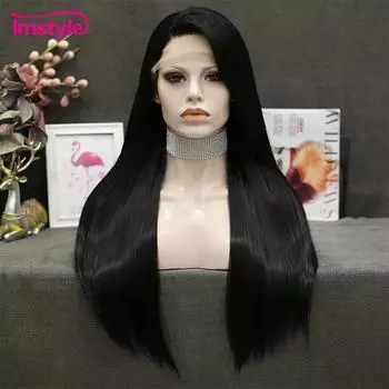 Imstyle, прямые черные парики, синтетический парик спереди, длинные волосы, термостойкое волокно, зеленые парики для женщин, повседневный парик для косплея Lace Front