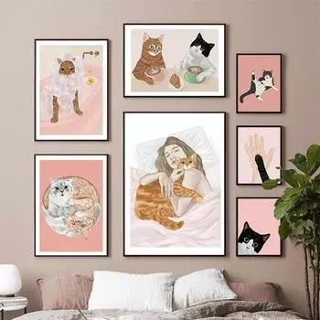 Инь и Ян кошка иллюстрация кофе обниматься пузырь для ванны плакат скандинавский настенный художественный принт холст картины фотографии для декора спальни 21x30cm No Framed