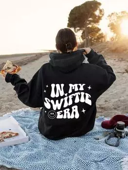 In My Swiftie Era Letter Print Drawstring Hoodie Drop Shoulder Long Sleeve Hoodie Women S Clothes S серый