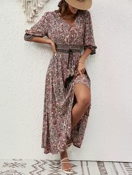 In Stock 2023 Rayon Bohemian Beach Dress with Three-Quarter Sleeves and Drawstring Waist Extra Large