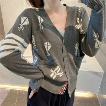 In Stock New Autumn TB Preppy Style V Neck Cartoon Airplane Kite Cardigan Four Bars Single-Breasted Loose Sweater Coat Gray S