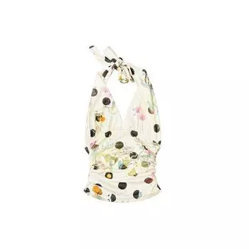 [In Stock] Ofakiva Fantasy Fruit Fantasy Florals Fruit Polka Dot Print Halter Top Beige S