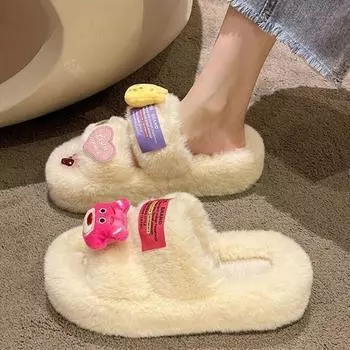 In the autumn and winter of 2024, the new holiday women wear thick-soled anti-slip Mao Mao slippers. 35 бежевый