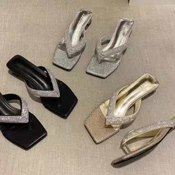 In the summer of 2024, the new rhinestone flip-flops for women s design sense, toes, thin heels, fashion, feet, cool slippers for women 35 золотой