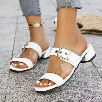 In the summer of 2025, the new European and American foreign trade large-size fish mouth thick heel square buckle metal cover feet open-toed sandals 35