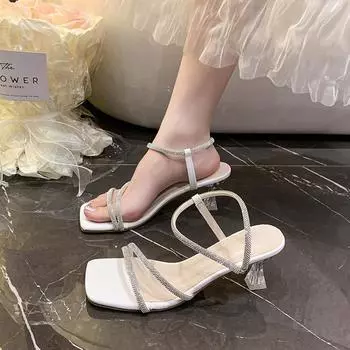 In the summer of 2025, the new square head hollow one-word two-wear European and American style large size women s fine high-heeled sandals 35 белый