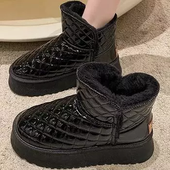 In the winter of 2025, the new heightening short tube thick-soled snow boots women s leather boots are waterproof, thickened and velvet thermal cott 35 чёрный